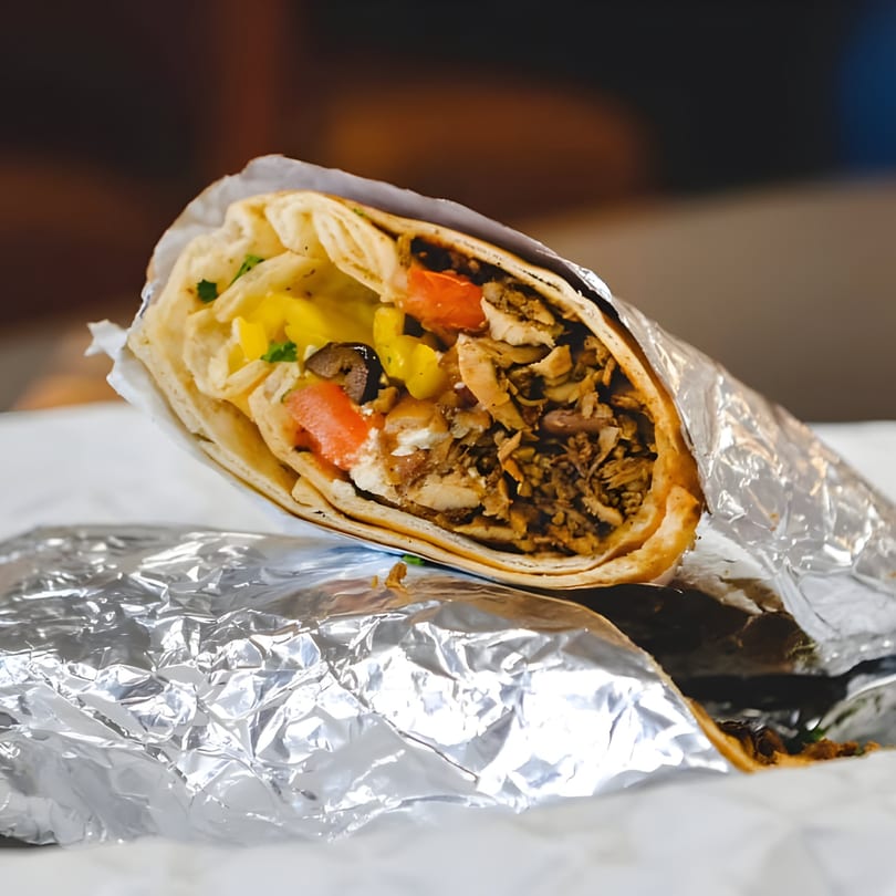 A Pita Express Mediterranean chicken shawarma wrap, partially unwrapped from foil, revealing colorful fillings.
