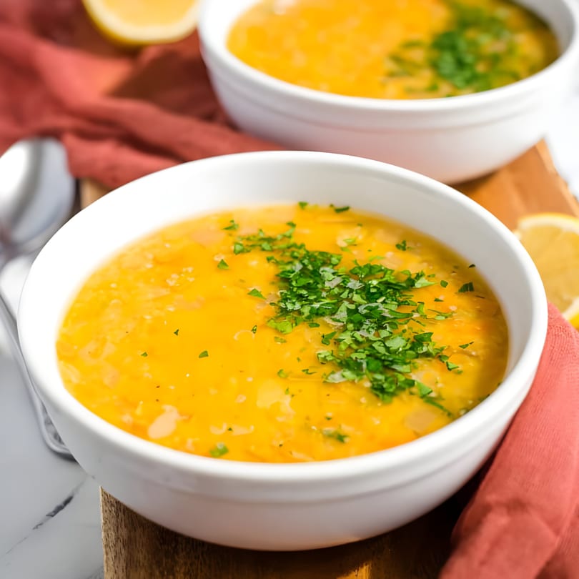 Two bowls of yellow lentil soup, garnished with fresh parsley and lemon wedges.
